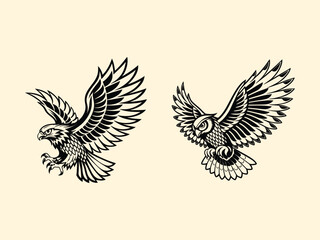 Obraz premium Black and white silhouette owl logo design illustration.