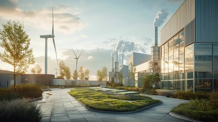 Fototapeta premium Modern Industrial Landscape with Wind Turbines and Greenery