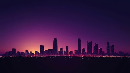 Vibrant City Skyline at Dusk with Purple Sunset and Silhouettes