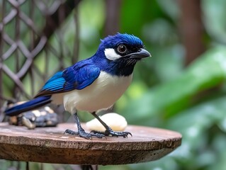 Blue bird on wooden feeder in enclosure with foliage