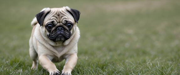 Pug dog running on grass in a park environment with a blurred background
