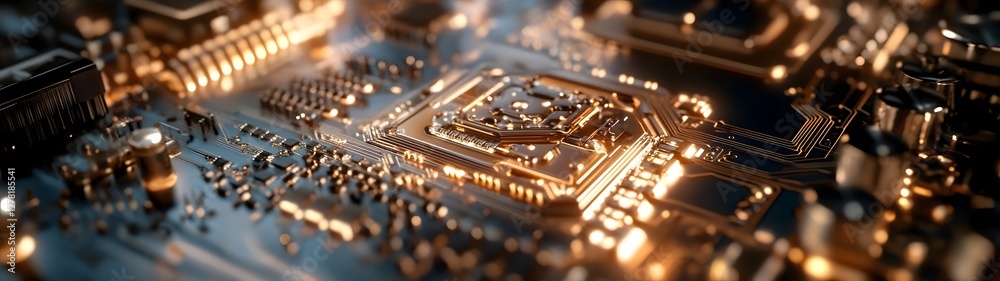 Poster Detailed Close up Image of a High tech Computer Motherboard Showcasing the Intricate Circuitry and Microchips that Power Modern Digital Devices and Systems