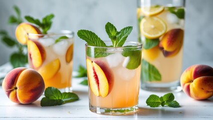 Fototapeta premium Fresh peach lemonade with mint leaves served in glasses and a pitcher, garnished with peach slices on a light background.