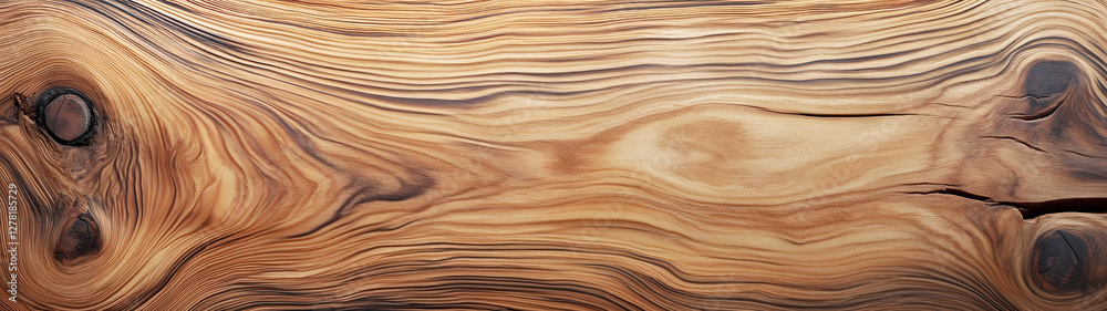 Aufkleber Detailed close up view of a weathered rough hewn brown wooden plank surface with distinct grain patterns knots and a rustic textured appearance  The horizontal background has a natural