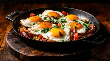 Fried eggs with vegetables bacon in skillet