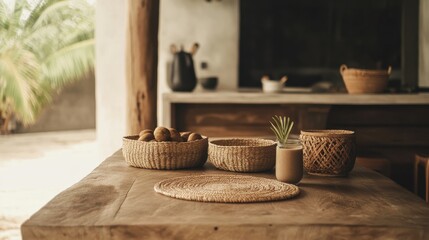 Natural Rustic Kitchen Table with Baskets and Decorative Plant