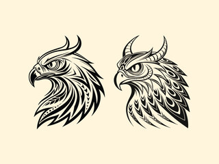 Black and white silhouette owl logo design illustration.