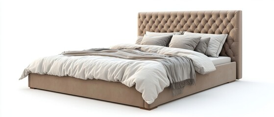 Obraz premium Luxurious upholstered bed with tufted headboard and soft bedding in a minimalist studio setting for interior design inspiration