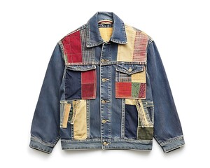 Vintage Denim Jacket with Retro Patchwork Details and Distressed Finish