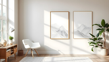 A modern home office with a natural aesthetic. A wooden desk with a laptop, plants, and stationery sits against a beige wall decorated with framed botanical posters and nature photography
