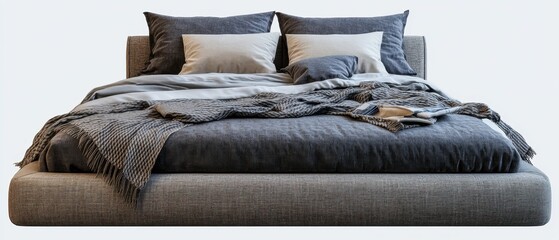 Cozy bedroom setup featuring a modern bed with soft pillows and a knitted blanket in a minimalist style on a white background