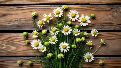 Obraz premium Daisy flowers with green buds arranged on rustic wooden background