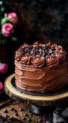 Chocolate cake, decorated with chocolate chips and frosting, on a wooden stand, with flowers and chocolate in the background.  Possible use food photography