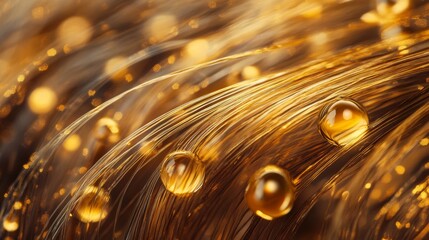Premium hair care visual concept, illuminated serum droplets, textured follicle strands, ethereal golden orbs, scientific macro photography, organic abstract composition, deep contrast