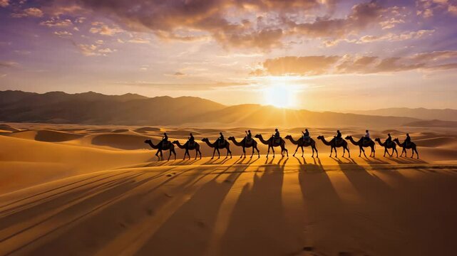 Majestic camel caravan moving through golden sand dunes at sunset in desert landscape