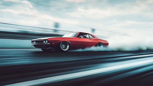 Drag racing car flying off the track at high speed. Featuring intensity and impact