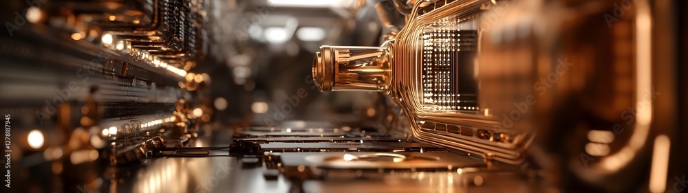Poster detailed view of an advanced futuristic metallic machinery with intricate digital circuit boards ele