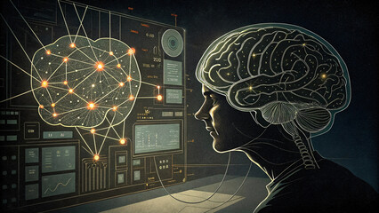 digital brain visualization with neural network connections, showcasing interaction between human cognition and technology. image evokes sense of innovation and exploration