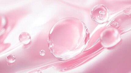 Luxury beauty product close-up, translucent pink essence drops, flowing organic shapes, pearlescent highlights, soft diffused lighting, premium cosmetic visual style