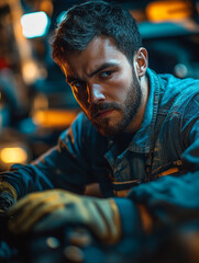 Obraz premium Skilled mechanic repairs vehicle in dimly lit garage