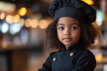 Young aspiring chef proudly poses in a bustling kitchen setting during a culinary event