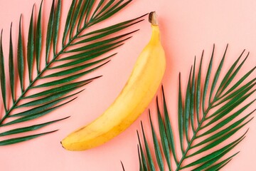 Fresh tasty yellow bananas on pink pastel background. Healthy food concept. Minimal concept