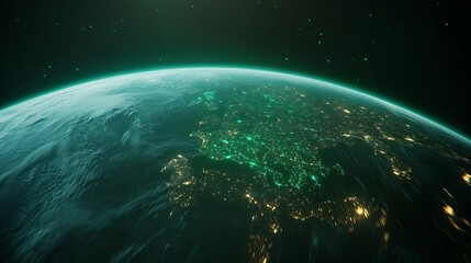 Obraz premium A satellite view of Earth with major cities glowing in green energy efficiency