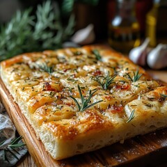 Rustic focaccia bread with rosemary and onion on wooden board in warm light food photography