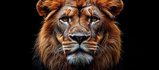 Fototapeta premium Majestic lion portrait against black background, showcasing its intense gaze and powerful mane.