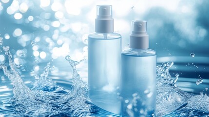 Premium skincare still life, pure white bottles, dynamic water ripples, celestial blue backdrop, professional beauty photography, ethereal lighting effects, liquid motion capture