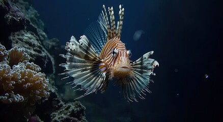 A magnificent lionfish swims gracefully in the ocean