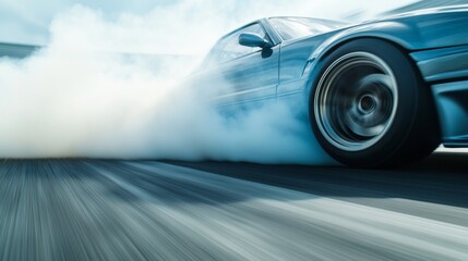 Drag racing car in a controlled drift during a high-speed turn. Featuring control and skill