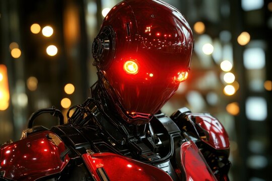 Evil Robot. Red Glowing Lights and Shiny Metallic Parts in Futuristic Android Design