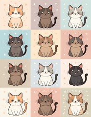 A cartoon-style of a grid featuring various cats,