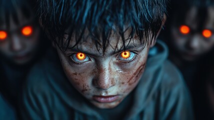 A group of children born after the apocalypse, their eyes glowing from years of radiation exposure