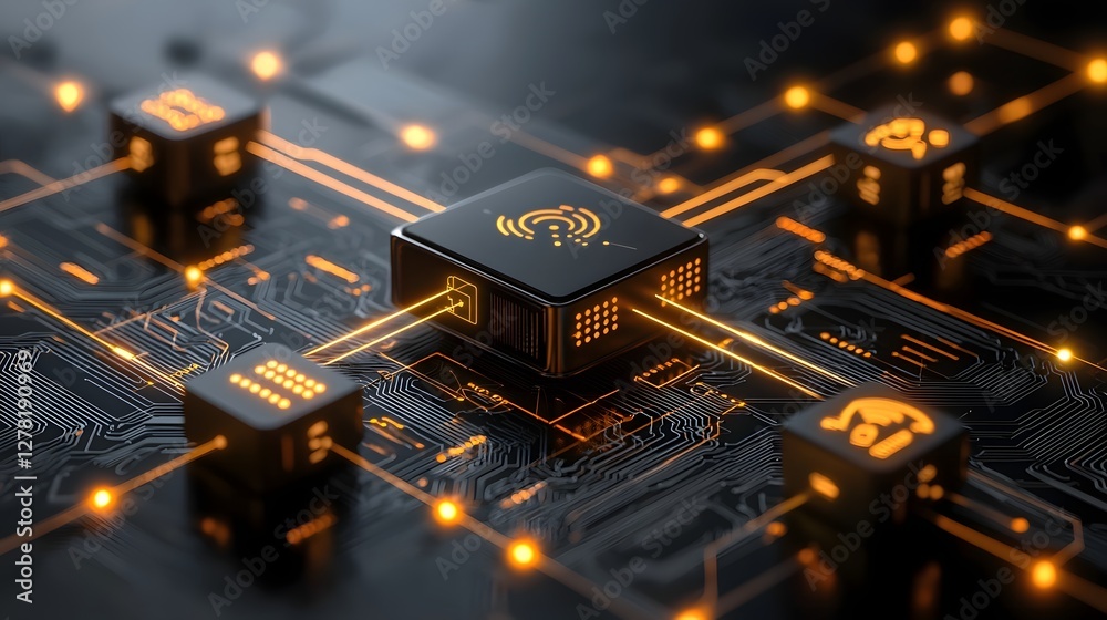 Poster futuristic and abstract visualization of a wireless digital network connectivity system with glowing