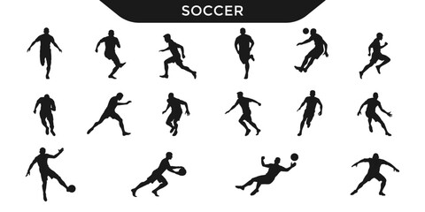 Silhouettes of soccer players in various dynamic poses