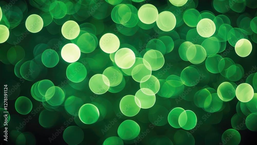 Poster green bokeh background with soft circular shapes creating an abstract pattern of light and color.