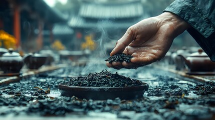 Intricate Close-up of a Hand Engaging in the Time-honored Art of Oriental Tea Ceremony with a Piece of Authentic Black Tea