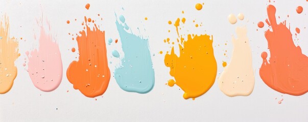 A vibrant array of paint splashes in pastel colors, arranged in a horizontal line on a neutral background, showcasing creativity and artistic expression.