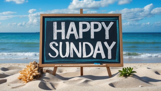 Chalkboard sign displaying Happy Sunday text on sandy beach with ocean and clouds in background during daytime
