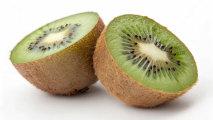Fototapeta premium Two halves of a kiwi fruit, showcasing the vibrant green flesh, black seeds, and fuzzy brown skin against a white background