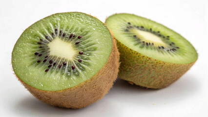 Fototapeta premium Fresh, juicy kiwi fruit, with its distinctive green flesh and black seeds, presented on a clean white surface