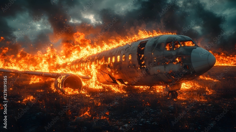 Poster dramatic and intense burning airplane crash scene with apocalyptic fiery explosion and chaotic after