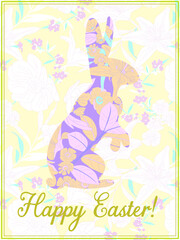 Vector Easter greeting card with decorative bunny silhouette in a floral pattern. Happy Easter spring vector greeting card for any purpose