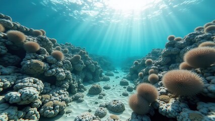 Obraz premium Sunlit underwater scene of bleached coral reef structures affected by ocean warming and pollution 