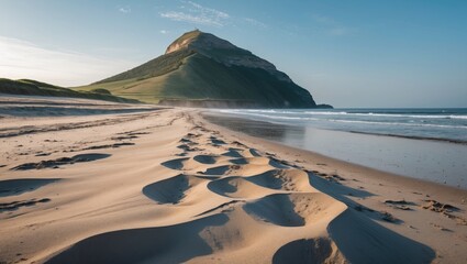 Sand dunes on a beach with gentle waves and a prominent mountain in the background under a clear blue sky