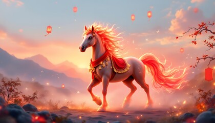 Majestic White Horse with Fiery Mane at Sunset Landscape