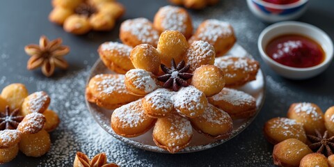 Fototapeta premium Decorative platter of flower-shaped fried pastries dusted with powdered sugar, surrounded by star anise and bowls of sauce.
