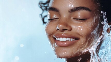 Pure skincare portrait, dancing water elements, natural beauty lighting, candid joyful expression, professional beauty campaign style, refreshing splash motion, pristine complexion